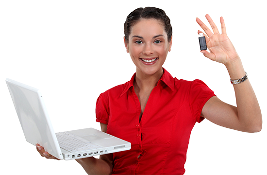 Lady in red with scanned files on USB