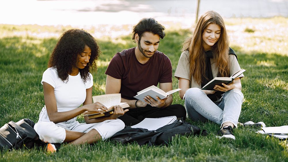 students reading books in the park