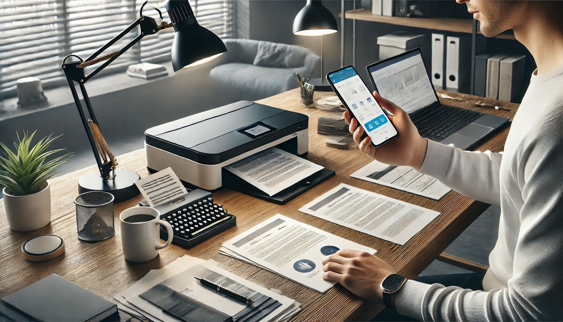 Photo-like image of a person using a smartphone to scan a document on a neatly organized desk at home. The desk features papers, a stylish lamp, and a laptop, creating a cozy and professional home office ambiance. In the background, a sleek professional scanner symbolizes advanced services, contrasting the convenience of home scanning with professional quality.